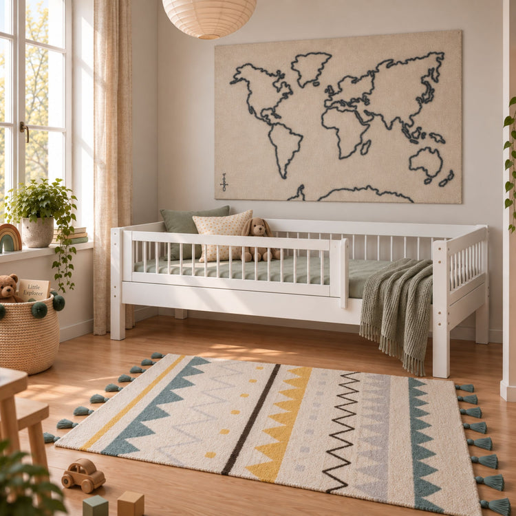 Single Bed with Crossbars and Safety Rail, 90x200 cm, White