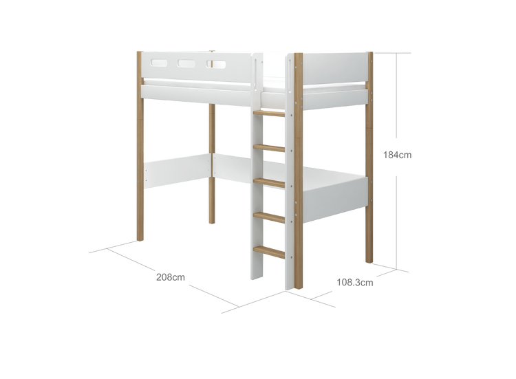 High sleeper F.Wht. MDF 200x90cm Legs Oak  Rail F.Wht.