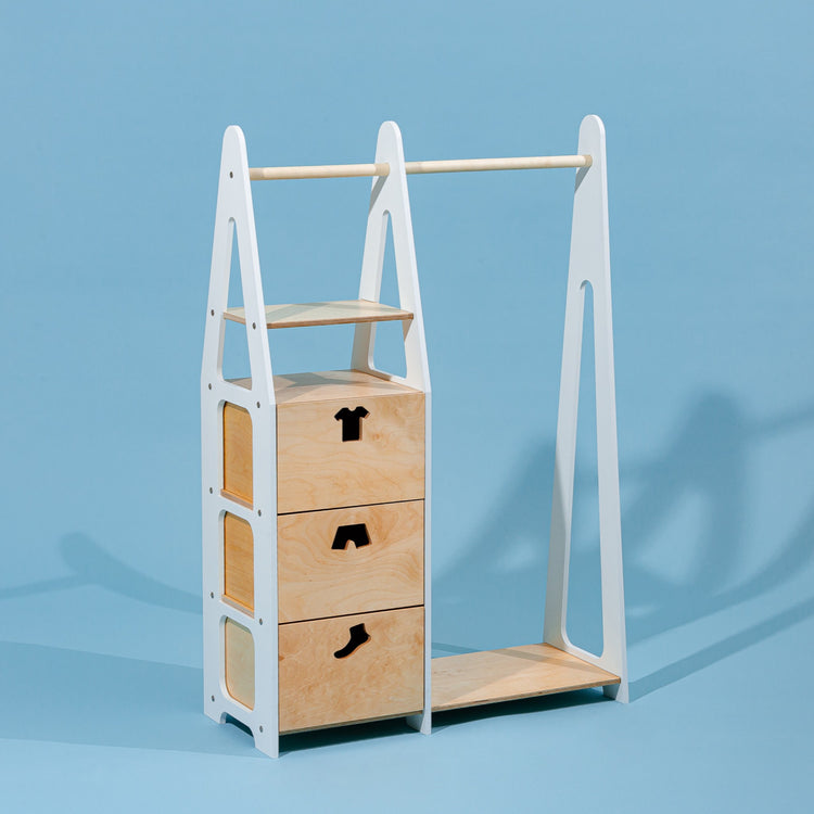 Duck Woodworks. Clothing rack with drawers and clothes shaped handles white