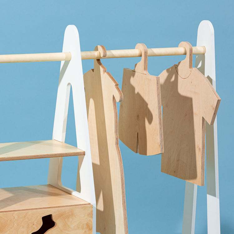Duck Woodworks. Clothing rack with drawers and clothes shaped handles white