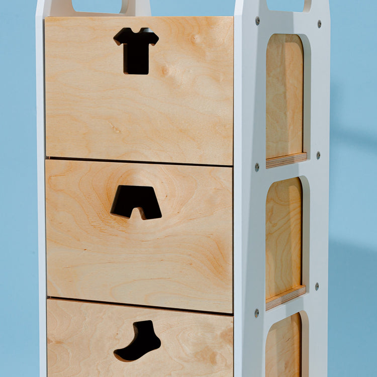 Duck Woodworks. Clothing rack with drawers and clothes shaped handles white