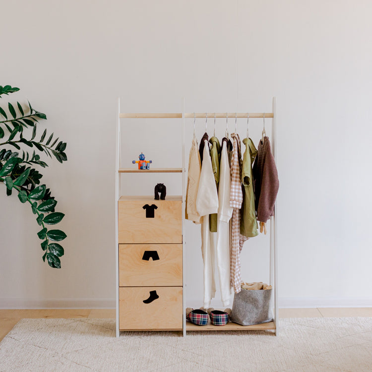 Duck Woodworks. Clothing rack with drawers and clothes shaped handles white