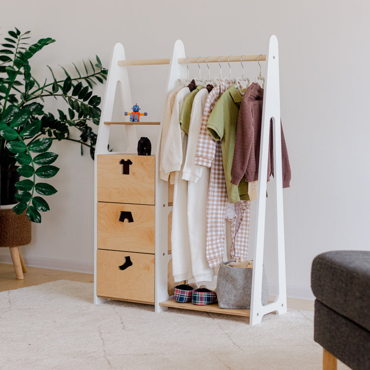 Duck Woodworks. Clothing rack with drawers and clothes shaped handles white
