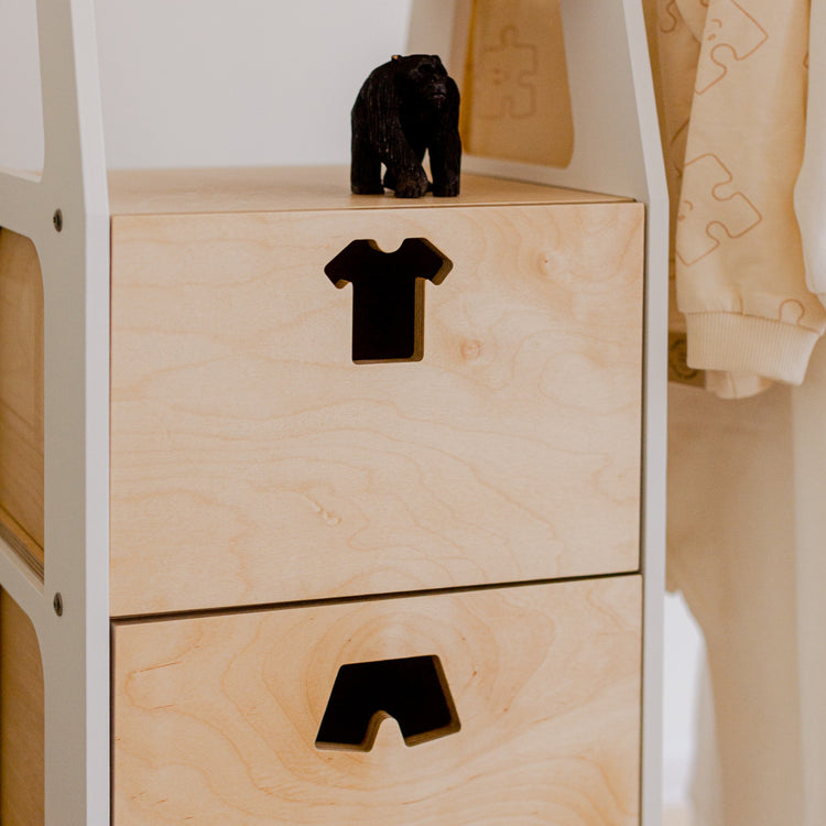 Duck Woodworks. Clothing rack with drawers and clothes shaped handles white