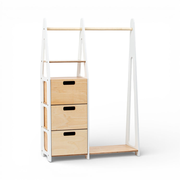 Duck Woodworks. Clothing rack with drawers and rectangular handles white
