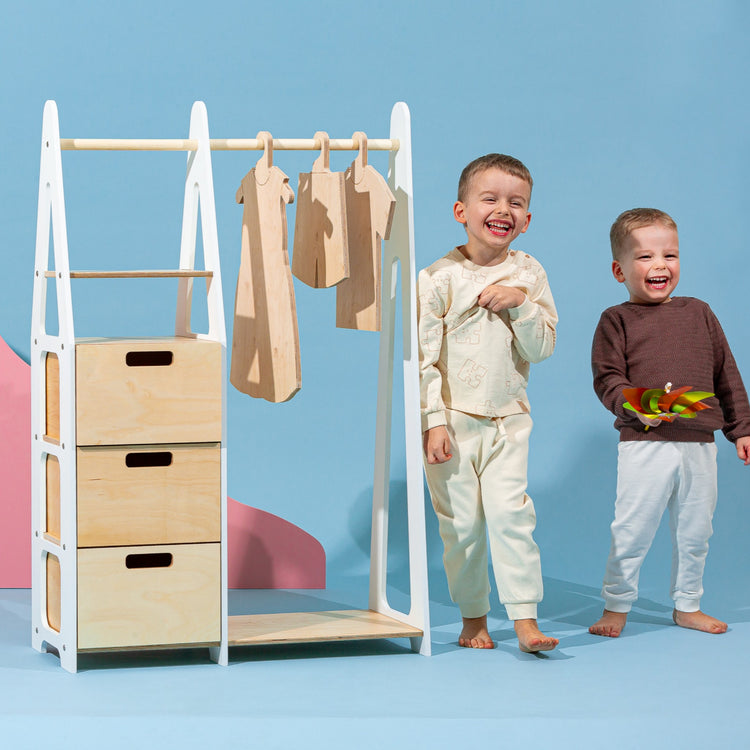 Duck Woodworks. Clothing rack with drawers and rectangular handles white