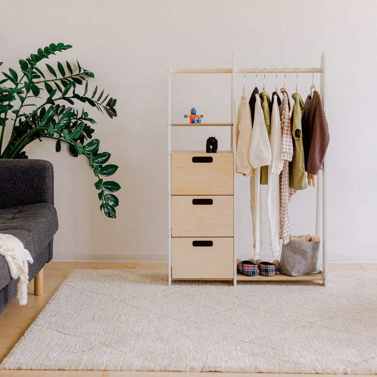 Duck Woodworks. Clothing rack with drawers and rectangular handles white