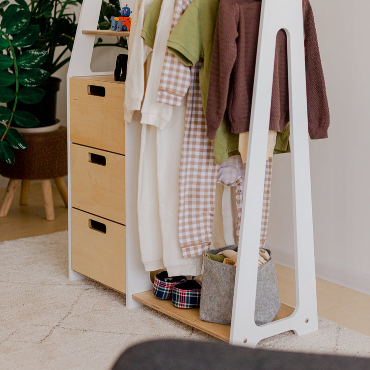 Duck Woodworks. Clothing rack with drawers and rectangular handles white