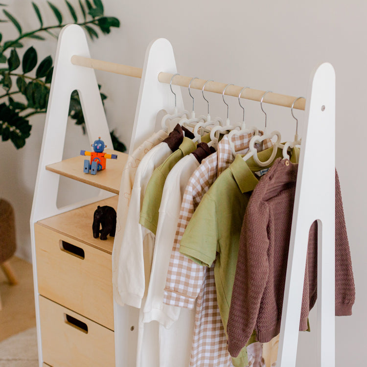 Duck Woodworks. Clothing rack with drawers and rectangular handles white
