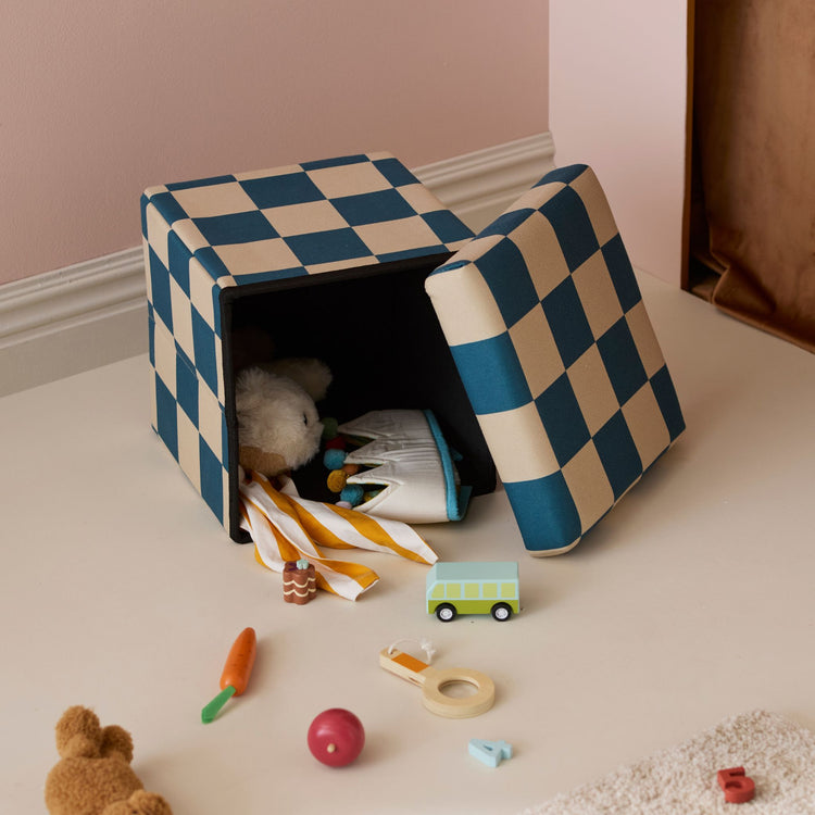 KIDS CONCEPT. Pouffe with storage Check Teal 30 cm