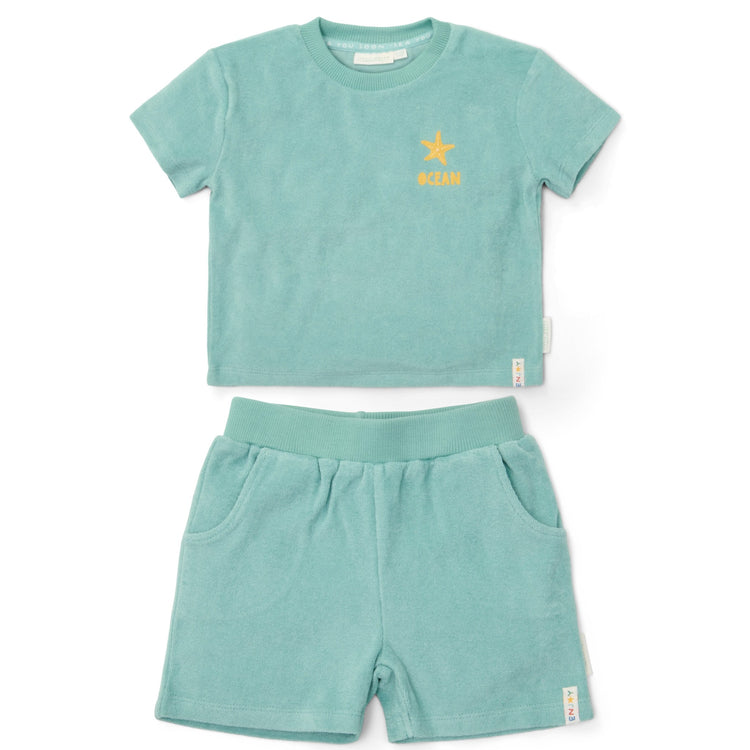 LITTLE DUTCH. Σετ μπλουζάκι και κοντό παντελονάκι Seashells and Stripes Surf Blue