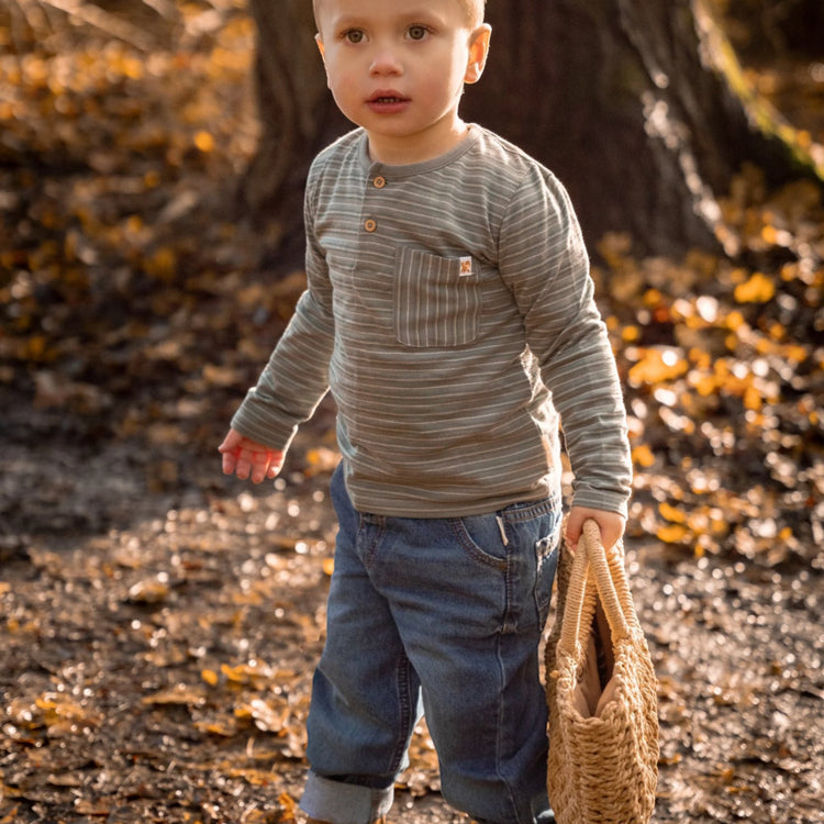 LITTLE DUTCH. T-shirt long sleeves with pocket Forest Green Stripe