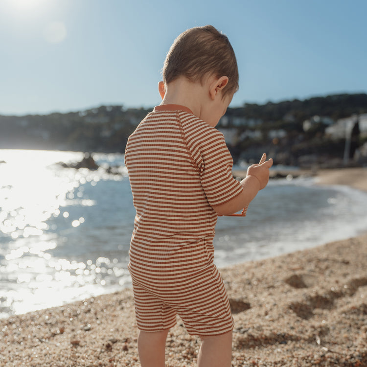 LITTLE DUTCH. Short Sleeve Swimsuit Ocean Brown Stripes
