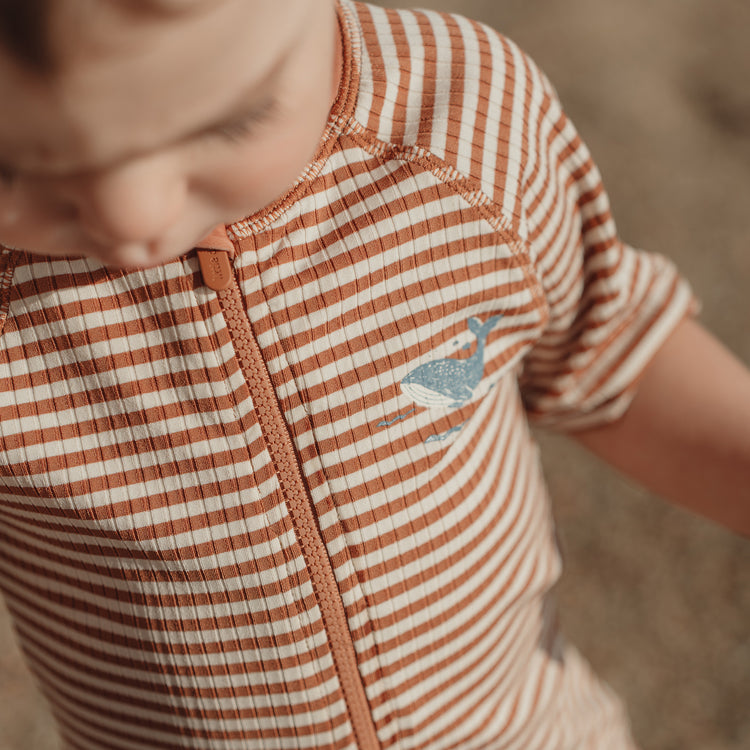 LITTLE DUTCH. Short Sleeve Swimsuit Ocean Brown Stripes
