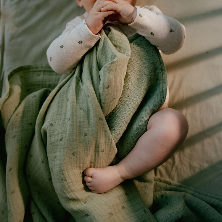 LITTLE DUTCH. Κουβέρτα πλεκτή με επένδυση fleece Pure Sage 110x140