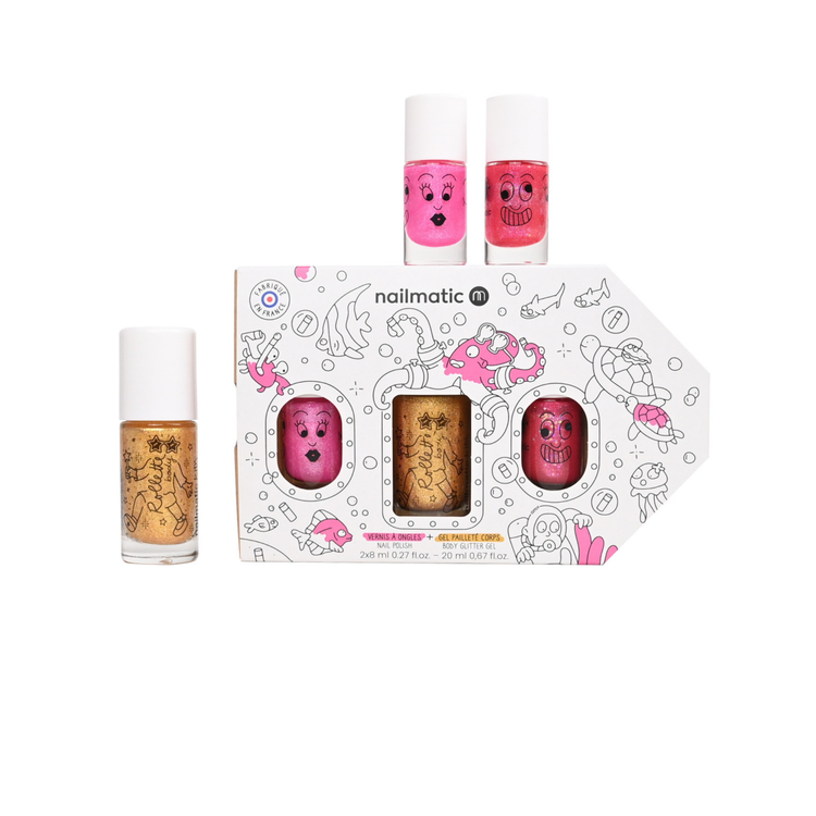 NAILMATIC. Σετ 2 βερνίκια νυχιών + glitter σώματος Underwater Exploration (Pinky-Flamingo-Yellow gold)