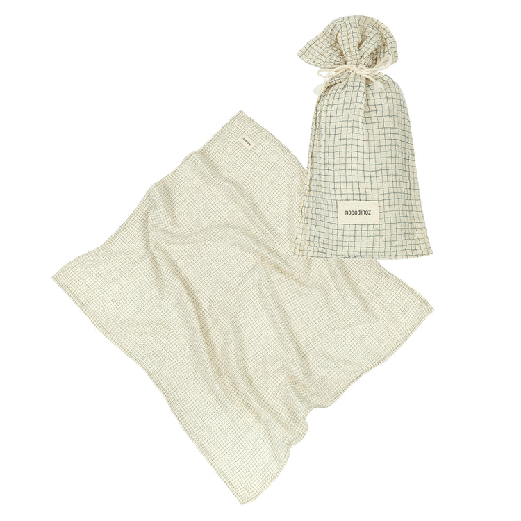 WABI SABI. Birth gift swaddle Blue grid 70x70