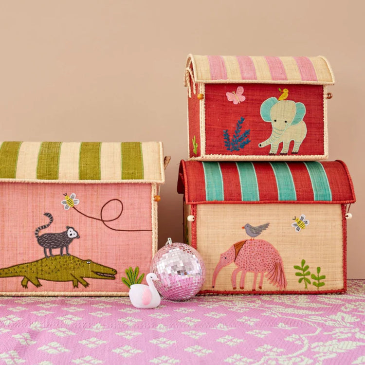 RICE. Raffia Toy Basket with Sweet Jungle Theme - medium