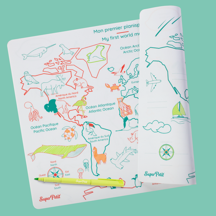 SUPER PETIT. Reversible colouring placemat set My first world map